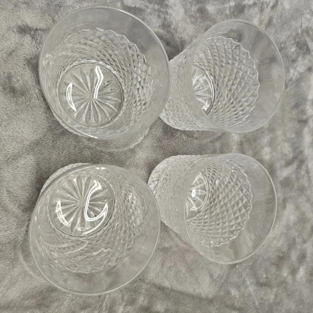 Vintage Diamond Cut Crystal Whiskey Glasses Set of 4 Starburst Base Rock Tumbler